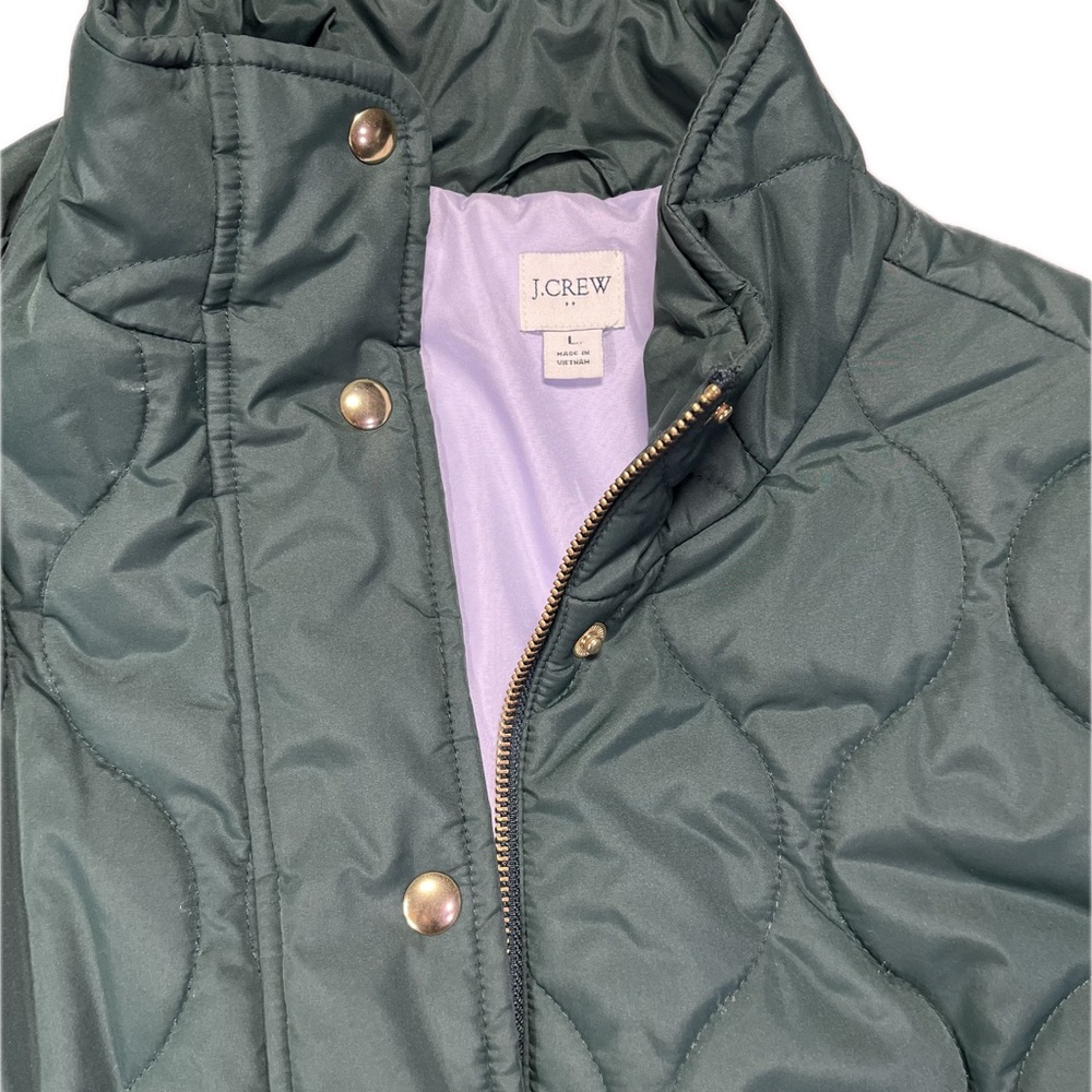 J Crew City Green w/ Light Blue Lining Quilted Puffer Jacket Coat - Like New - L - Picture 3 of 5